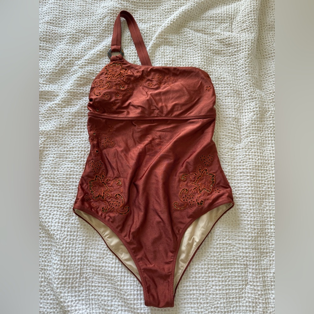Spell Rust Red One-Shoulder Embroidered One-Piece Swimsuit